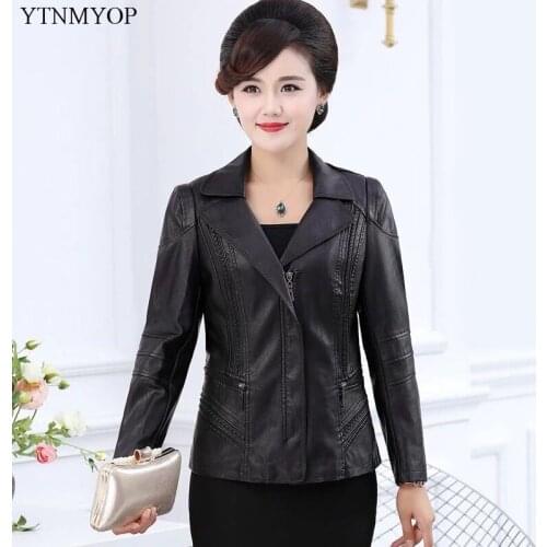 Women Leather Jackets Plus Sizes 5XL Turn-down Collar Zipper Leather Clothing Faux Leather Casual Loose Leather Coats YTNMYOP