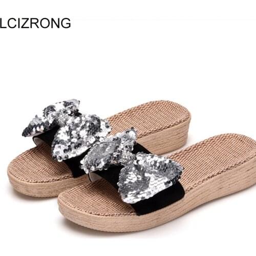 LCIZRONG Cute Bling Beach Slippers for Women Outside Platform Shoes Wedges House Slaps Ladies Slides Linen Summer New Hot Sale