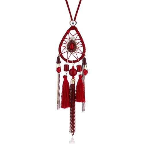 Fashion Bohemian Women Long Chain Necklace Crystal Pendants Rhinestone Beads Handmade Tassel Leather Ethnic Dreamcatcher Jewelry