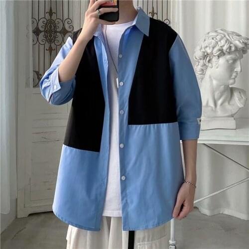 Summer Short Sleeve Shirt Mens Tide Brand Japanese Loose Dark Grey Color Matching Mens Short Sleeve Shirt