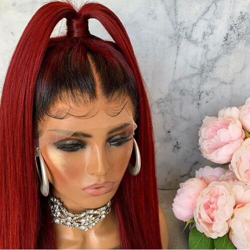 Ombre Red Colored Remy Long Silky Straihgt Transparent Lace Front Human Hair Wig Brazilian Natural Hairline With Baby Hair