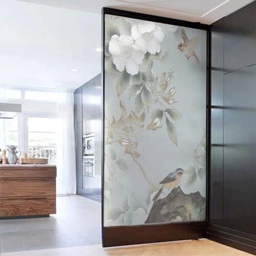Custom Decorative Film Flower Bird Painting Window Film Stained Static Glass Sticker Privacy Kitchen Bedroom Moving Door Decal