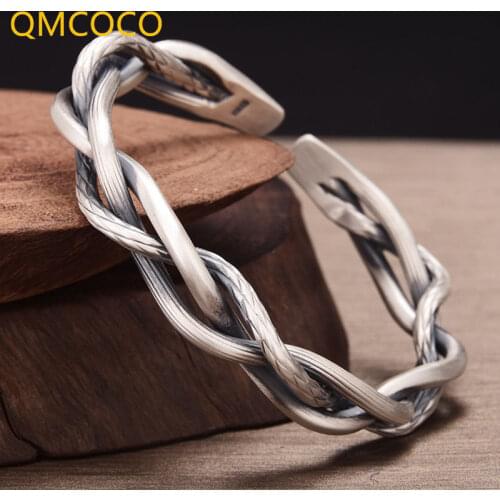 QMCOCO 925 Silver Vintage Geometry Reverse Twist Punk Bracelet Elegant For Couple Jewelry Accessories Design Adjustable Opening