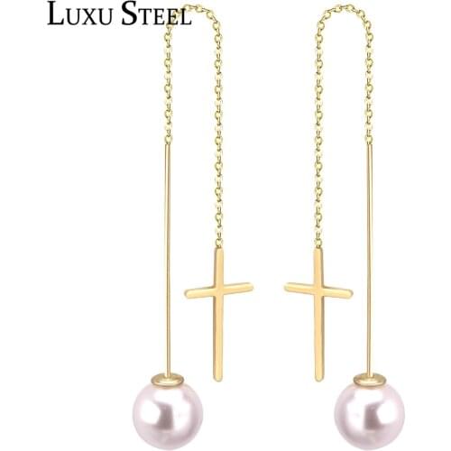 LUXUSTEEL New Fashion Gold Color Ear Line Earring Stainless Steel Cross and Imitation Pearl Pendants Drop Earrings Women /Girl