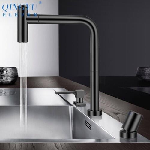 New Black Kitchen Sink Faucet 304 Stainless Steel Independent Switch Hot And Cold Water Pull Out 360 Degree Kitchen Mixer Tap