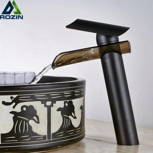 Black Bronze Bathroom Faucet Deck Mounted Waterfall Glass Spout Basin Mixer Tap Countertop Waterfall Hot Cold Basin Faucet