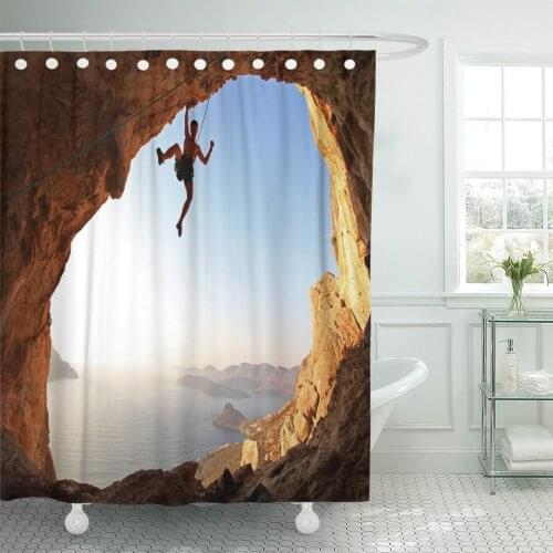 Sport Rock Climber at Sunset Kalymnos Island Greece Climb Waterproof Polyester Fabric Shower Curtain 72 x 78 inches Set