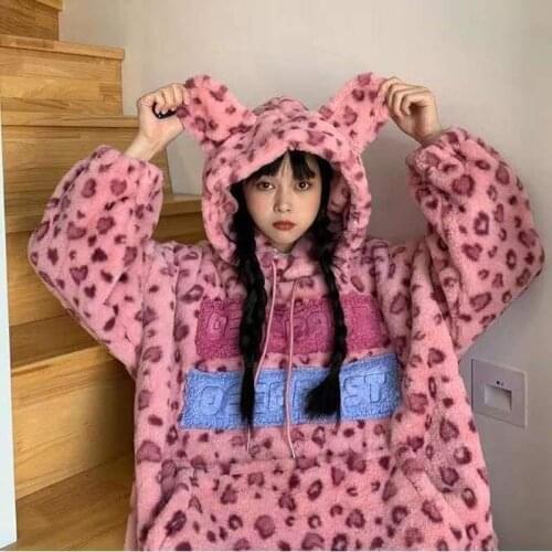 Warm Winter Womens Pink Leopard Printed Coat Streetwear Girls Velvet Fleece Loose Thicken Female Outwear Coat Harajuku