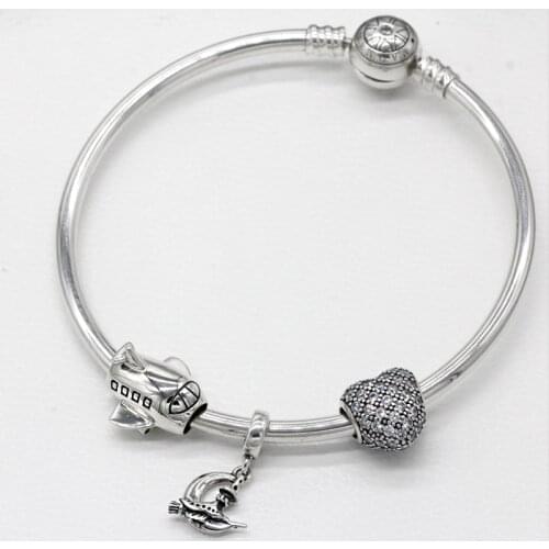 Vintage 925 Sterling Silver Bracelet Airplane Love Heart Charm Full of Clear CZ Charm DIY Jewelry