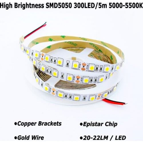 High Quality LED Strip Natural White 5000K - 5500K High Brightness SMD5050 Flexible LED Light, 60Led/m, 300Led, DC 12V