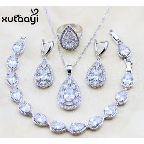 XUTAAYI 4PCS Top Quality Silver colorOverlay Jewelry Sets White Cubic Zirconia Super Wedding Necklace/Rings/Earrings/Bracelet