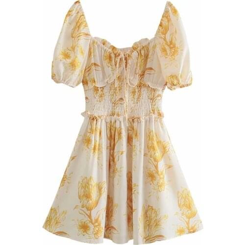 YENKYE Holiday Summer Dress 2021 Sweet Women Sexy V Neck Puff Sleeve Elastic Waist Sundress Robe Femme A-line Short Vestido