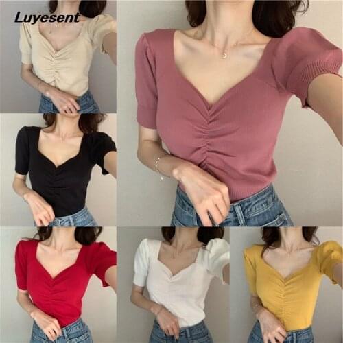 Women Knitted Sexy V Neck Short T Shirt 2021 Summer Lady Puff Sleeve Stretch Pleated Slim Top Basic Knit Streetwear 8 Colors