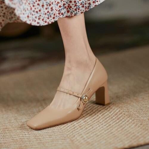 2021 new spring and autumn rivet square toe high heels womens thick heel Mary Jane womens shoes French retro