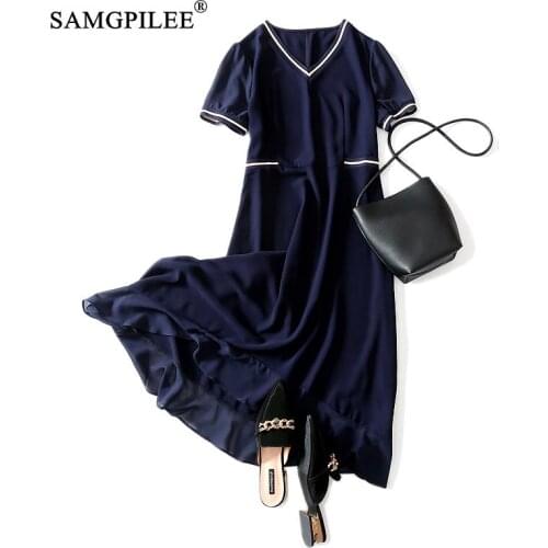 Summer Dresses For Women Party 2021 Vestido Casual A-line Solid Short Sleeve Mid-calf Empire V-neck Korean Style Dress For Woman