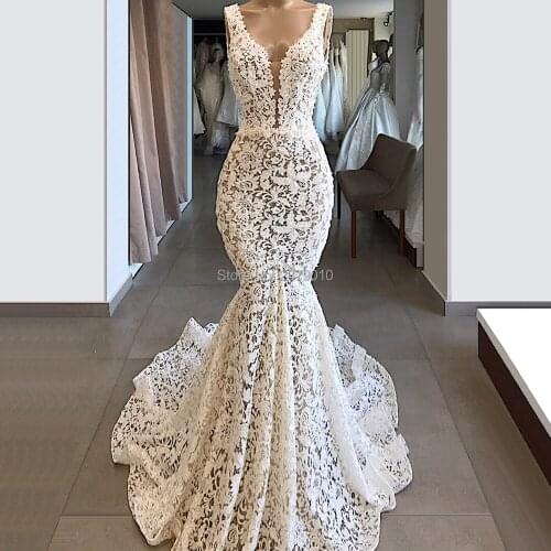 2019 Ivory V-Neck Mermaid/Trumpet Wedding Dress Lace Appliques Backless Floor-Length Women Dress Wedding Dress Zipper Dubai