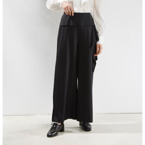 New Women Fashion Tide High Elastic Waist Side Split Flounces Black Long Wide Leg Trousers Loose Fit Pants