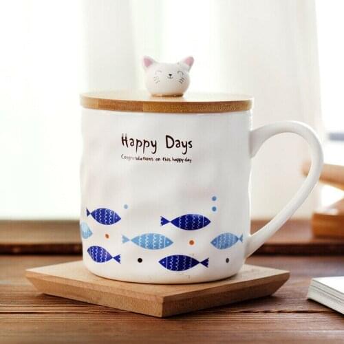 Cartoon Cat And Fish Wooden Lid With Spoon Ceramic Mug With Lid& Spoon Milk Coffee Tea Cup Drink Mugs