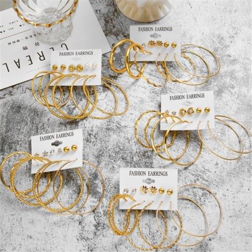 DIEZI Simple Hip Hop Big Circle Gold Color Hoop Earrings For Women Girls Fashion Rhinestone Earrings Sets New Jewelry Female