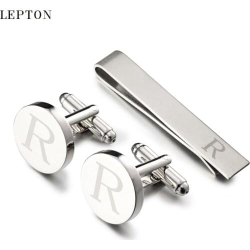 Hot Sale Round Letters R Cufflinks for Mens Silver Color Letters R of alphabet Cuff links & Tie Clip Set Men Shirt Cuffs Button