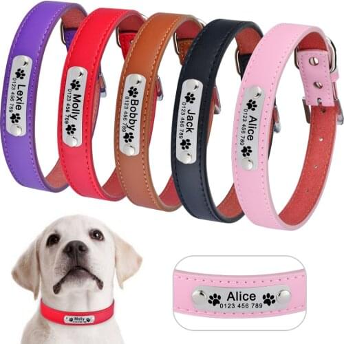 Adjustable Personalised Dog Collar Leather Puppy ID Name Custom Engraved XS L Nameplate Tag Engrave Tags Puppy Nameplate Collar