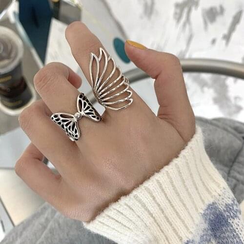 Retro Silver Plated Hip Hop Party Ring New Fashion Creative Hollow Butterfly Wing Ring Wedding Bride Jewelry Ladies Gift