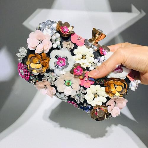 Hot Sale Flowers Beaded Clutch Purse Elegant Black Evening Bags Wedding Party Clutch Handbag Metal Chain Shoulder Bags 2021 New