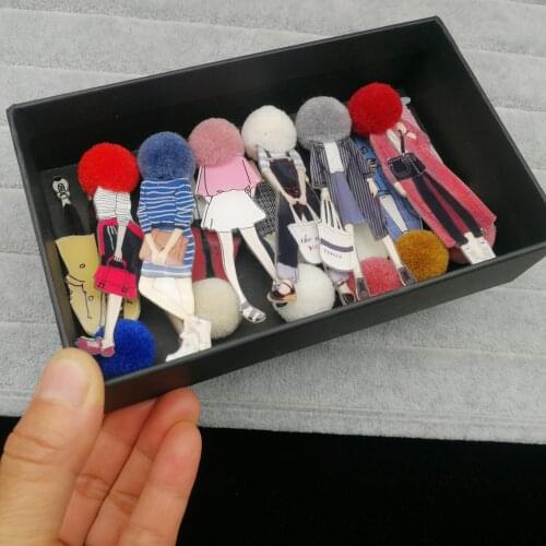 Fashion Brooch Pins for Woman Brooches Girls Cartoon Models Acrylic Brooches Pompom Clothing Jewelry Accessories Gift Box