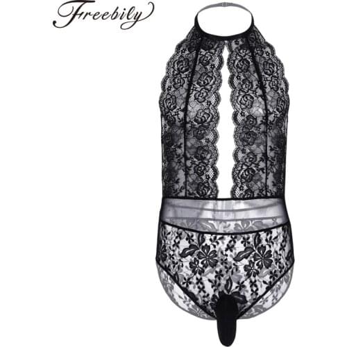 Mens One-Piece Floral Lace Crossdress Lingerie Halter Neck Sleeveless and Backless Cut Out Front Sissy Pouch Bodysuit Nightwear