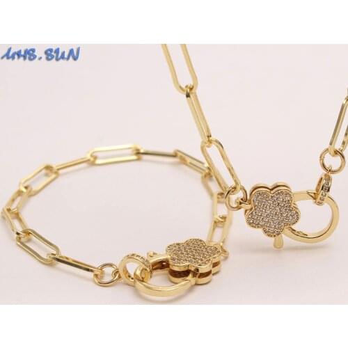 MHS.SUN Mosaic Zircon Flower Buckle Pendant Necklace Bracelets For Women/Girls Chunky Chain Jewelry Set Hip Hop Style New
