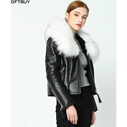 OFTBUY 2021 new Winter jacket coat women Real Sheep skin Leather jacket Double-faced Fur With Raccoon Dog Fur Collar Wool Liner