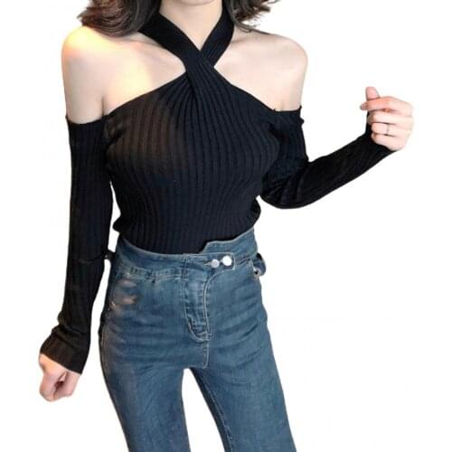 Wholesales Women Sexy Long Sleeve Cold Shoulder Halter Ribbed Pullover Knitwear Slim Blouse