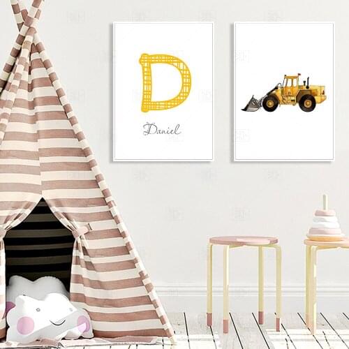 Personalized Boys Name Custom Poster Baby Dump Truck Excavator Canvas Painting Nursery Prints Wall Pictures For Kids Room