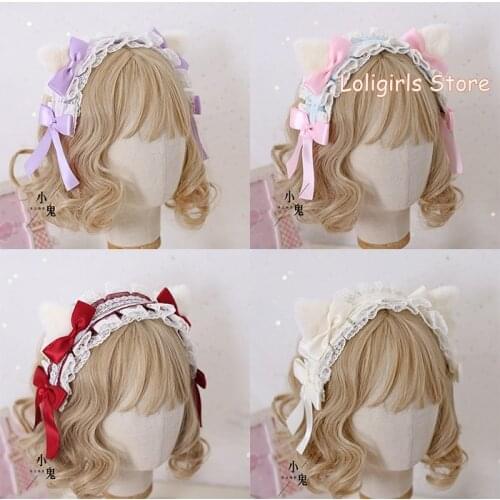 Japanese Sweet Lolita Cat Ears KC Headband Headdress Girls Lolita Cute Bowknot Lace Hair Clip Hand-made Hair Accessories Cosplay