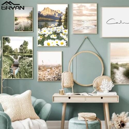 Wild Flowers Lake Boat Sunrise Poster Field of Daisies Canvas Prints Spring Scenery View Sea Beach River Painting Home Decor