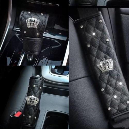 Car Seat Belt Cover Luxury New With Crystal Crown Gear Cover Handbrake Accessories Handbrake Sleeve Protective Case Anti-slip
