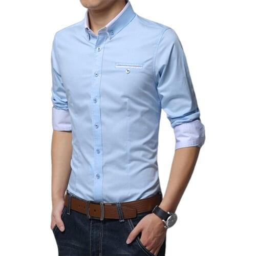 Business Shirt Men Solid Color Long Sleeve Color Block Cuff Buttons Down Shirt Casual Turn Down Collar Slim Male Shirts
