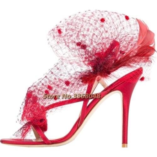 Air Mesh Thin Heel Sandals Open Toe Lace Decor Feather Red Black Stiletto High Heel Slingback Stylish Women Dress Wedding Shoes