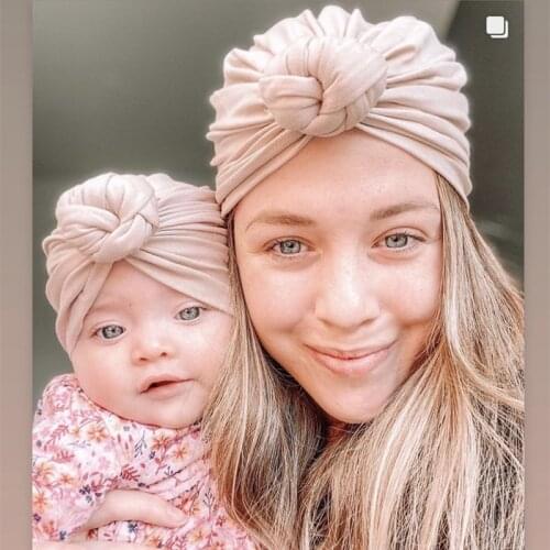 Solid Baby Mom Cotton Beanies Cute Donut Bowknot Turban Hats Sweet Soft Elastic Caps for Newborn Baby Boy Girls Headwraps