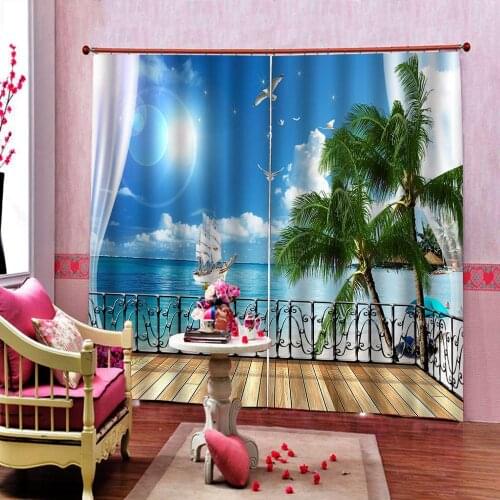Outside the balcony seaside Coconut Sailing Scenery Curtain Photo Print For Living room Bedroom Blackout Drapes Indoor Decor