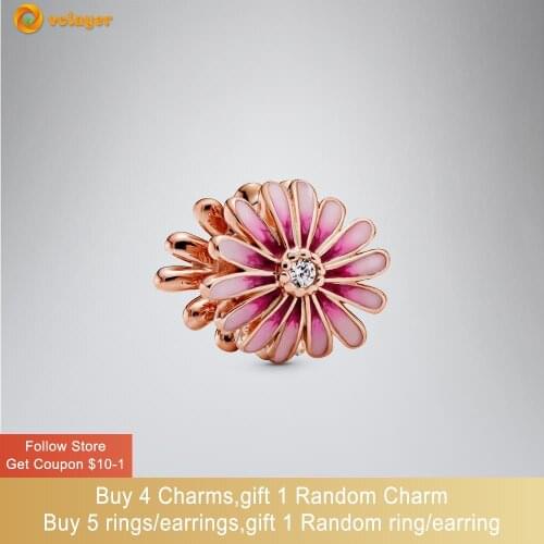 Volayer 925 Sterling Silver Beads Pink Daisy Flower Charms fit Original Pandora Bracelets Women Jewelry Making Birthday Gift