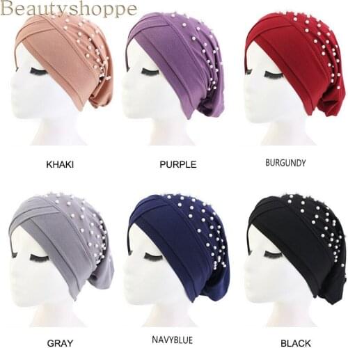 Women Pearl Turban cap Muslim beading Hijab scarf turbante mujer india Head Wrap Scarf Stretch Beanie Bonnet Chemo turbans