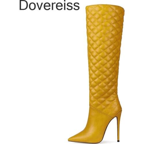 Winter Woman New Fashion Sexy Consice Pure Color Blue Tellow Pink Pointed Toe Stilettos Heels Knee High Boots Big Size 46 47