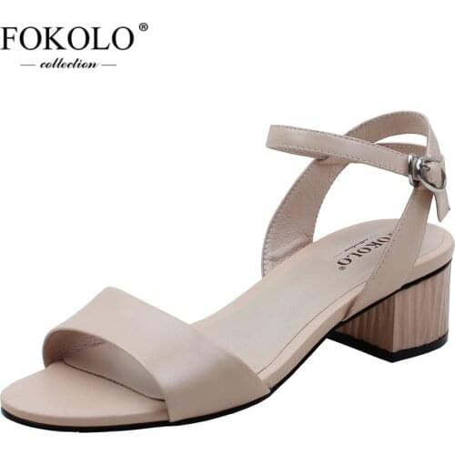 FOKOLO Sandals for Women Round Toe Sheepskin Mid Heel High Heels Sandals Summer Simple Casual Genuine Leather Ladies Shoes L30