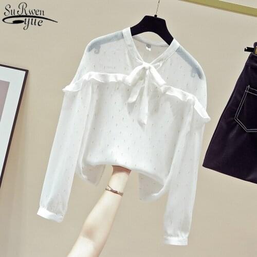 See Through Elegant Ruffled Bow Collar Ladies Top 2021 Autumn Fashion Korean Long Sleeve White Chiffon Blouse Blusas Mujer 11149