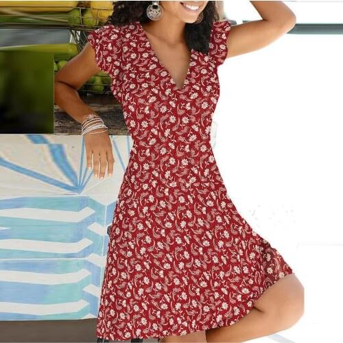 Women Summer Dress Floral Print Sexy V-Neck Zipper Dress Casual Beach Elegant Short Sleeve A-Line Knee-Length Dresses Vestidos