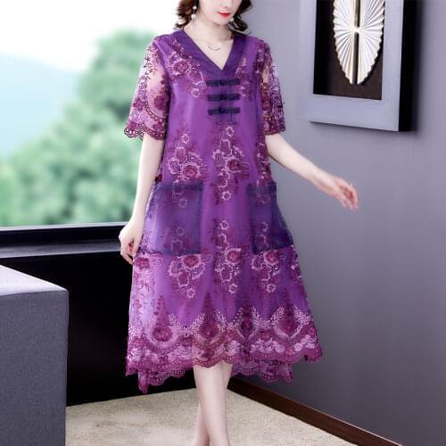 2021 Summer New Women Female Embroidery V Neck Short Sleeve Purple Brown Dress , Woman Clothes 4xl 5xl A Line Dresses
