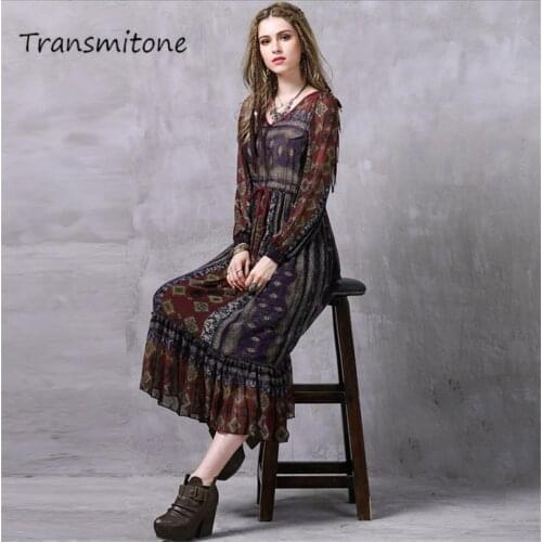 Women Chiffon Dress 2020 Spring Vestidos Long Sleeve V-Neck Floral Print High Waist Maxi Beach Dresses 8218 Vestido