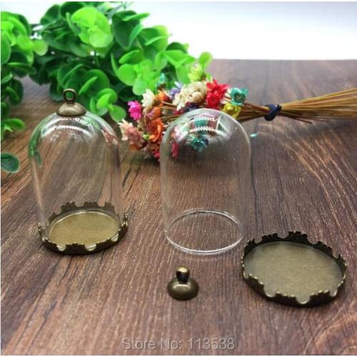 20sets/lot tube shape 38*25mm clear glass globes 25mm bronze crown base 8mm cap set glass bottle necklace pendant glass vials