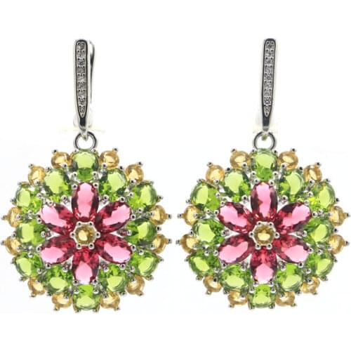 60x28mm Multi Color Long Big Heavy 26.3g Created Citrine Peridot Violet Tanzanite Rhodolite Garnet CZ Womans Silver Earrings